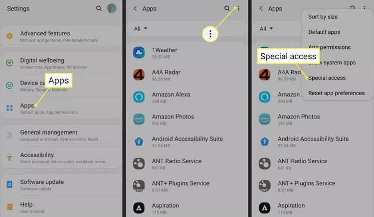 Apps, More menu, and Special Access in Android settings